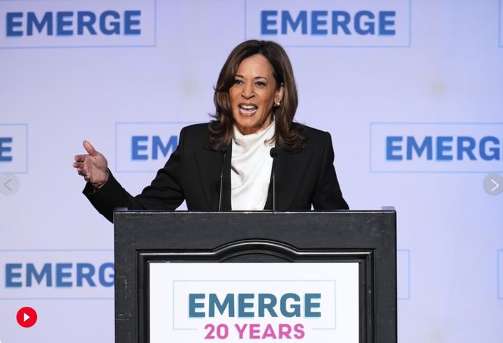  [샌프란시스코=AP/뉴시스] 카멀라 해리스 부통령이 지난달 30일 샌프란시스코 팰리스호텔에서 열린 민주당 여성 정치인 육성 단체인 ‘이머지 아메리카(Emerge America)’ 20주년 기념식에 참석해 연설하고 있다. 2025.05.02. *재판매 및 DB 금지