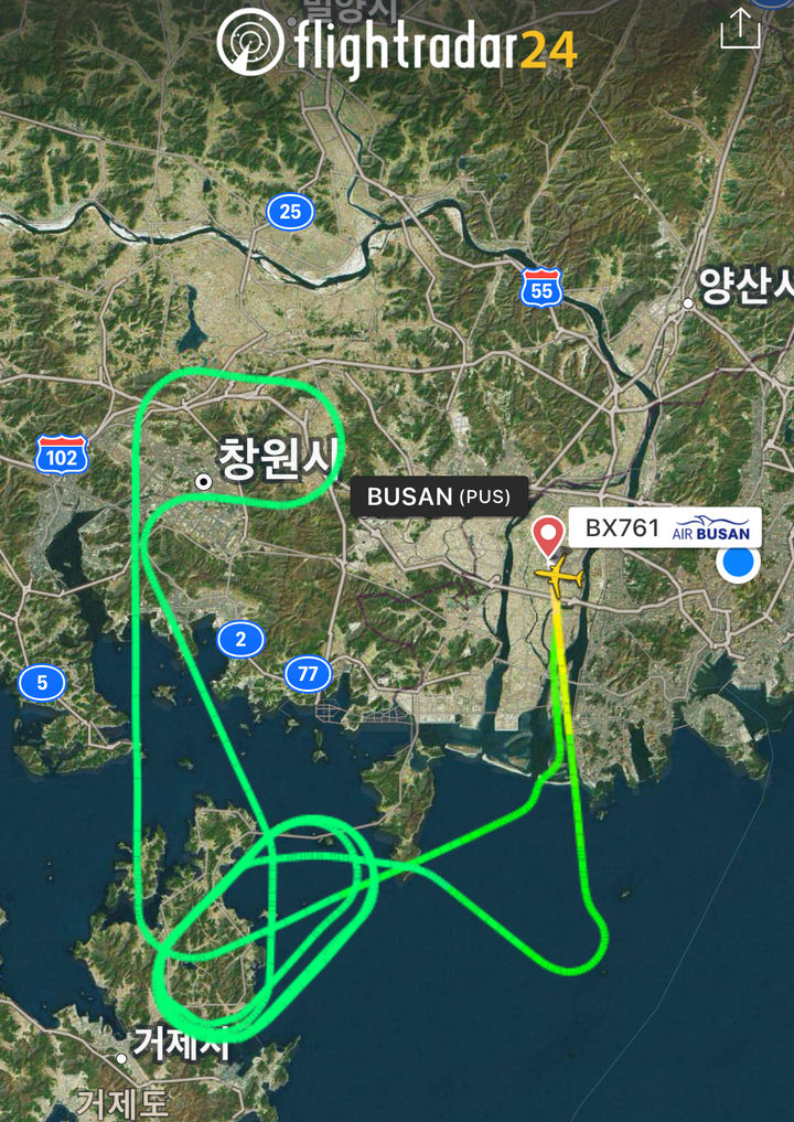 [부산=뉴시스] 에어부산 BX761편 항로. (사진=플라이트레이더24 캡처) 2025.05.02. photo@newsis.com *재판매 및 DB 금지