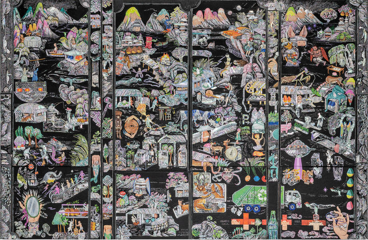 김은진, 신의 자리_인산인해 5, Acrylic, mother of pearl, wood panel, 118 × 157 × 10 cm, 2022 *재판매 및 DB 금지