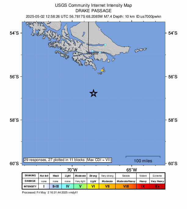 [서울=뉴시스] 미국 지질조사국(USGS)은 2일 오전 8시58분께(칠레 현지 시간) 남미 최남단 케이프혼과 남극 사이 드레이크 해협 부근에서 규모 7.4 지진이 관측됐다고 밝혔다. (사진 출처: 미 지질조사국) 2025.05.03. *재판매 및 DB 금지