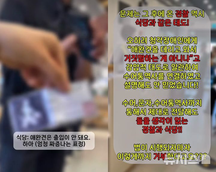 [서울=뉴시스] A씨는 "경찰은 오히려 식당 관계자와 함께 '청각장애인 안내견이 어디 있냐' '애완견 데려와서 거짓말하는 것 아니냐' 등의 말도 안 되는 이야기를 했다"고 주장했다. (사진=인스타그램 @dodo.hearingdog)