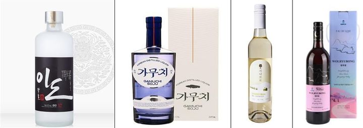 청주국제공항 출국장 면세점에 입점한 충북 대표 특산주. (왼쪽부터) 이도, 가무치, 시나브로 청수화이트, 월류봉. (사진=충북도 제공) *재판매 및 DB 금지