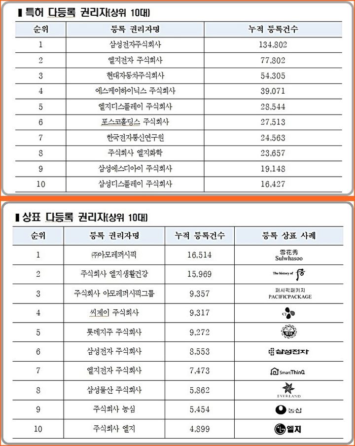 [대전=뉴시스] 특허 및 상표 다등록 권리자(상위 10대).(사진=특허청) *재판매 및 DB 금지