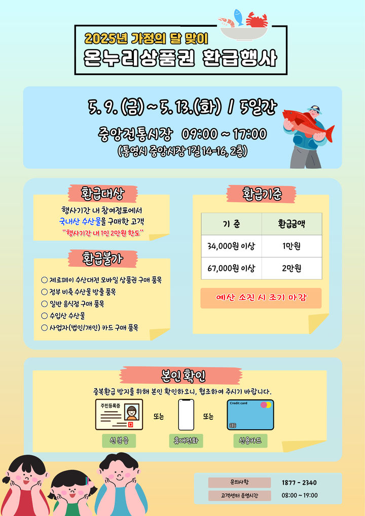 [통영=뉴시스] 신정철 기자= 통영시는 가정의 달 5월을 맞아 오는 9일부터 13일까지 5일간 중앙전통시장에서 수산물을 구입시 최대 2만원까지 돌려주는 온누리상품권 환급행사를 실시한다.사진은 환급행사 포스터.(사진=통영시 제공).2025.05.08. photo@newsis.com *재판매 및 DB 금지