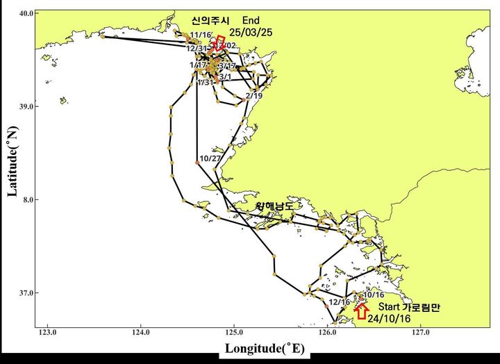 [홍성=뉴시스] 점박이물범 봄이 동선. (고래연구소 제공) 2025.05.08. photo@newsis.com *재판매 및 DB 금지