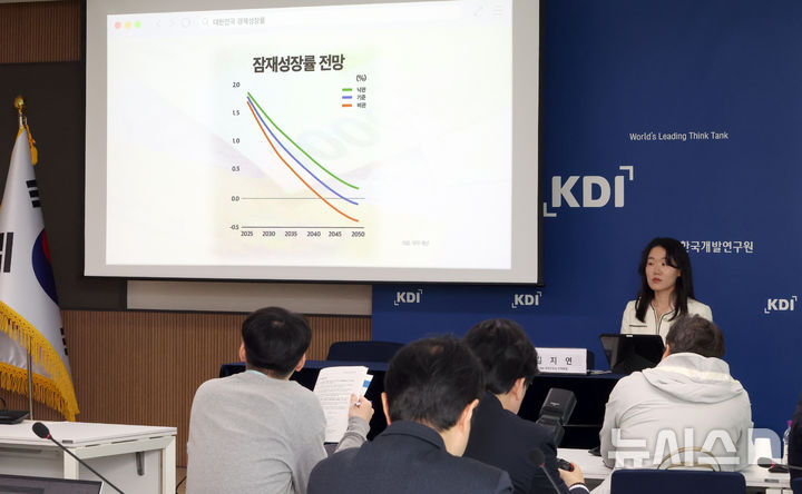 [세종=뉴시스] 강종민 기자 = 김지연 KDI 전망총괄이 8일 세종시 정부세종청사에서 '잠재성장률 전망과 정책적 시사점'에 대해 발표하고 있다. 2025.05.08. ppkjm@newsis.com