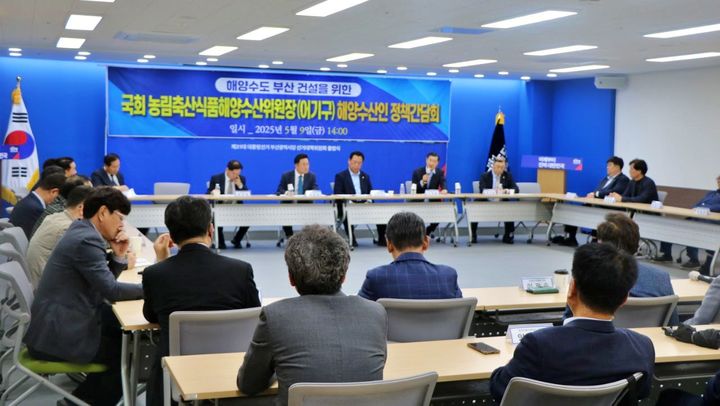 [부산=뉴시스] 해양수산부 부산 이전을 위해 더불어민주당 최인호 전 의원(중앙선대위 해양수산위원장) 주재로 국회 어기구 농해수위 위원장과 해양수산인 대표자간 간담회를 9일 부산 동구 민주당 부산시당 당사에서 개최했다. (사진=더불어민주당 부산시당 제공) 2025.05.09. photo@newsis.com *재판매 및 DB 금지