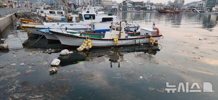 [통영=뉴시스] 신정철 기자= 경남 통영시의 주요 관광 명소인 강구안이 지난 주말 해양쓰레기와 육지 오물로 도배돼 관광·문화도시의 이미지를 먹칠했다. 사진은 지난 11일 오후 통영시 중앙동·동호동 연안인 강구안에는 둥둥 떠다니는 해상 쓰레기와 육지에서 흘러든 오염물질로 뒤덮힌 모습.2025.05.12. sin@newsis.com