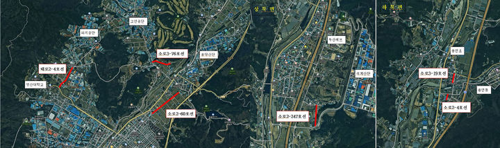 [양산=뉴시스] 도시계획도로 개설사업 6개 노선이 이달 중 준공할 예정이다. 사진 왼쪽부터 웅상지역·상하북지역 도시계획도로 위치도. (사진=양산시 제공) 2025.05.12. photo@newsis.com *재판매 및 DB 금지