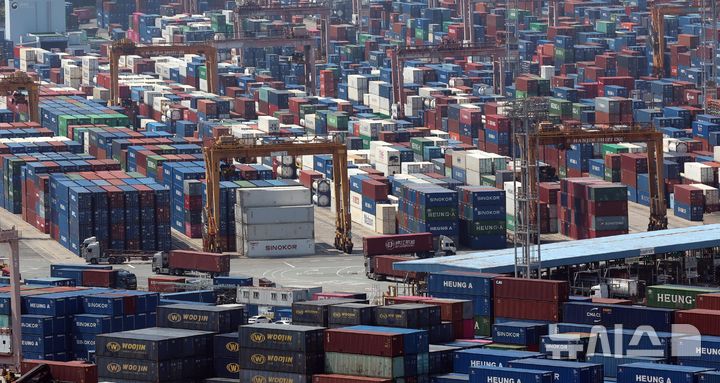 [부산=뉴시스] 하경민 기자 = 관세청에 따르면 지난 1~10일 수출은 전년 동기 대비 23.8%(40억1000만 달러) 감소한 128억 달러, 수입은 15.9%(27억6000만 달러) 줄어든 146억 달러를 기록하는 등 미국발 관세정책으로 불안정한 교역상황 속에서 수출과 수입이 모두 급감했다.   12일 부산 남구 신선대부두 야적장에 수출입 컨테이너가 가득 쌓여 있다. 2025.05.12. yulnetphoto@newsis.com