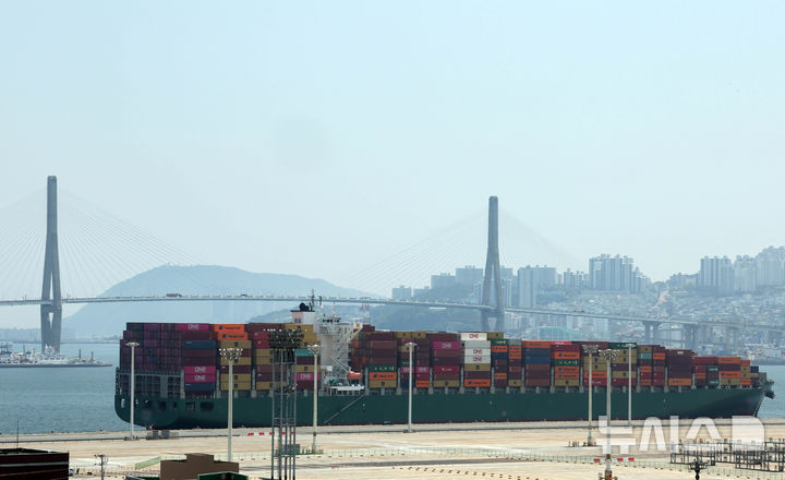 [부산=뉴시스] 하경민 기자 = 지난 10일 오전 부산 강서구 부산신항에 입항하던 몰타 국적의 컨테이너선(9만5000t급)에서 코카인 720㎏ 상당이 적발됐다.코카인이 발견된 것으로 추정되는 컨테이너선이 12일 부산 북항의 한 부두에 정박 중이다. 2025.05.12. yulnetphoto@newsis.com