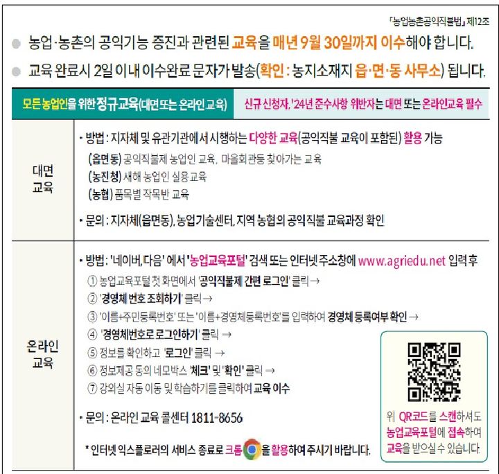 [세종=뉴시스] 국립농산물품질관리원은 공익직불금 신청 농업인이면 오는 9월 30일까지 '직불금 교육'을 이수해야 한다고 13일 밝혔다. (사진=농관원 제공) 2025.05.13. photo@newsis.com *재판매 및 DB 금지