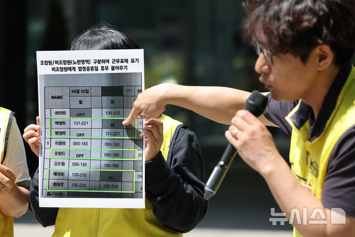 [서울=뉴시스] 황준선 기자 = 마트산업노동조합 조합원들이 13일 오전 서울 중구 서울고용노동청 앞에서 쟁의방해 부당노동행위 코스트코 고발 특별근로감독 요구 기자회견을 하고 있다. 2025.05.13. hwang@newsis.com