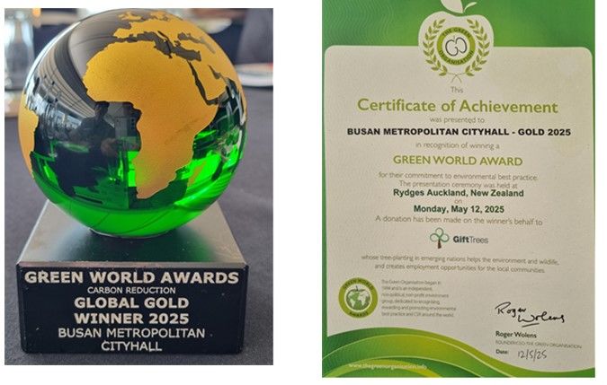 [부산=뉴시스] 부산시는 최근 뉴질랜드 오클랜드에서 열린 '2025년 그린 월드 어워즈'(Green World Awards 2025) 시상식에서 '을숙도 생태복원 프로젝트'가 금상을, '우리동네 사회가치경영(ESG)센터'가 은상을 각각 수상했다고 14일 밝혔다. (사진=부산시 제공) 2025.05.14. photo@newsis.com *재판매 및 DB 금지