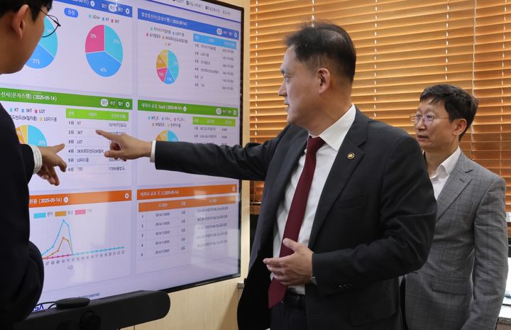 [서울=뉴시스] 김태규 방통위 부위원장이 전남 나주시에 위치한 한국인터넷진흥원(KISA)을 방문해 SK텔레콤 사이버 침해사고 관련 스팸신고 동향과 대응 현황 등을 살피고 이용자보호 강화를 당부했다. (사진=방통위 제공) *재판매 및 DB 금지