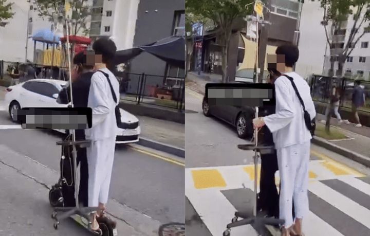 [서울=뉴시스] 최근 온라인에서는 남성 두 명이 전동 킥보드 한 대에 동승해 주행하는 영상이 확산했다. (사진=온라인 커뮤니티 갈무리) 2025.05.14. photo@newsis.com *재판매 및 DB 금지