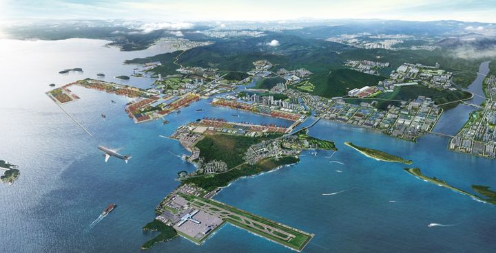 [창원=뉴시스] 강경국 기자 = 진해신항과 가덕도 신공항 일원 미래 조감도. (사진=부산진해경제자유구역청 제공). 2025.05.15. photo@newsis.com *재판매 및 DB 금지