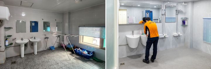 [서울=뉴시스]학동119안전센터 공간 개선 전(왼쪽)과 개선 후.(사진=한샘 제공) 2025.05.15. photo@newsis.com *재판매 및 DB 금지