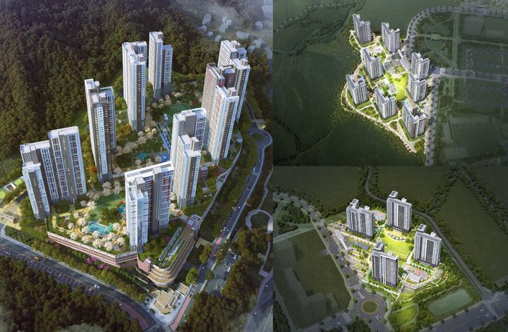 거제 아주 공공지원 민간임대주택 조감도(왼쪽), 밀양부북 A-1BL 조감도(오른쪽 위), S-2BL 조감도(오른쪽 아래). (사진=BS한양 제공) *재판매 및 DB 금지