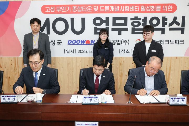[고성(경남)=뉴시스] 신정철 기자= 경남 고성군이 15일 군청 열린회의실에서 두원중공업(주), (재)경남테크노파크와 함께 고성 드론·무인기 산업 활성화를 위한 3자 간 업무협약(MOU)을 체결했다.사진은 이상근 고성군수(사진, 가운데)를 비롯해 두원중공업 이병천 부회장(오른쪽), 경남테크노파크 옥주선 본부장이 협약서에 서명하고 있다.(사진=고성군 제공).2025.05.15. photo@newsis.com *재판매 및 DB 금지