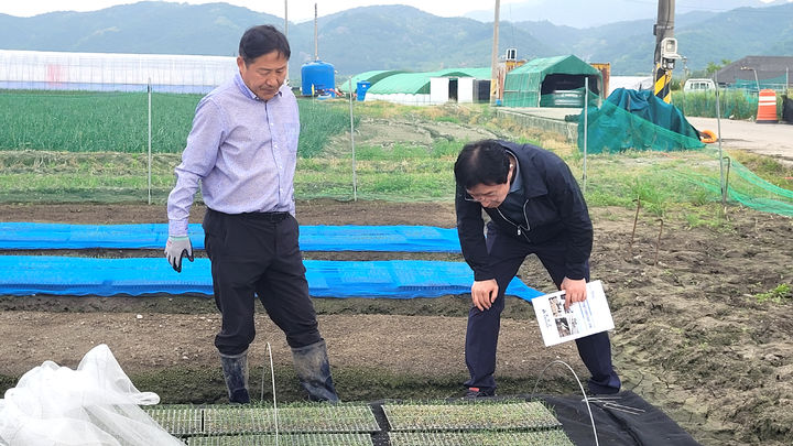 [세종=뉴시스] 농촌진흥청은 김대현 국립원예특작과학원 원예작물부장이 15일 경남 함양군 '노지 스마트농업 시범지구'를 찾아 운영 상황을 점검했다고 밝혔다. (사진=농진청 제공) 2025.05.15. photo@newsis.com *재판매 및 DB 금지