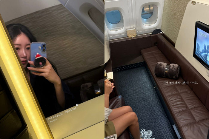 [서울=뉴시스] 소연(왼쪽)·비행기 일등석 자리. (사진=인스타그램 캡처) 2025.05.16. photo@newsis.com *재판매 및 DB 금지
