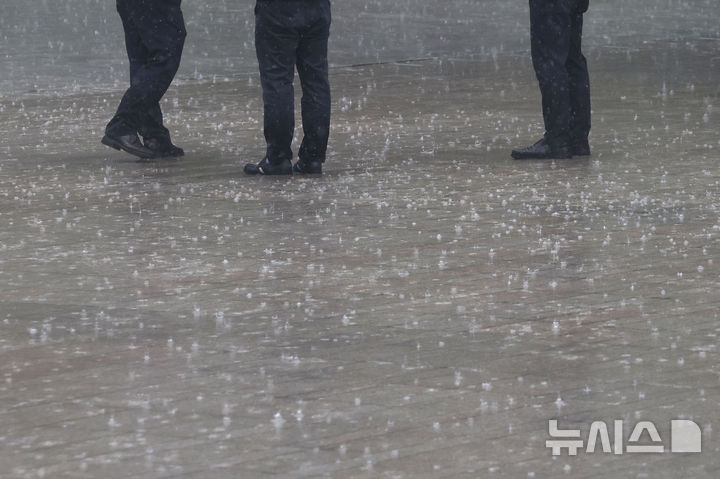 [서울=뉴시스] 최동준 기자 = 16일 서울 중구 서울시청 앞에 강한 비가 쏟아지고 있다. 2025.05.16. photocdj@newsis.com