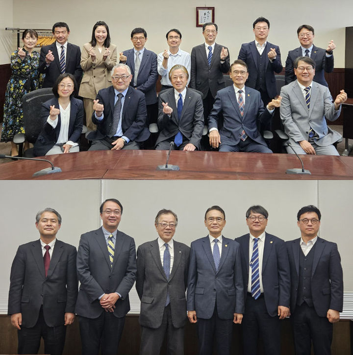  [대전=뉴시스] 일본 조사이대(위쪽 사진)와 간토카쿠인대를 방문, 기념촬영을 하고 있는 한남대 이승철(위쪽사진 앞줄 오른쪽에서 두번째) 총장. (사진=한남대 제공) *재판매 및 DB 금지