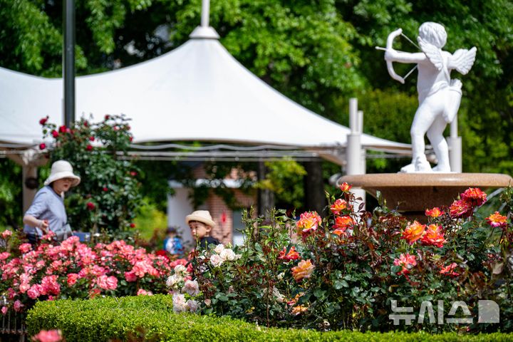 [창원=뉴시스] 차용현 기자 = 화창한 봄 날씨를 보인 18일 오전 경남 창원시 성산구 장미공원에서 시민들이 봄 정취를 만끽하고 있다.2025.05.18.con@newsis.com