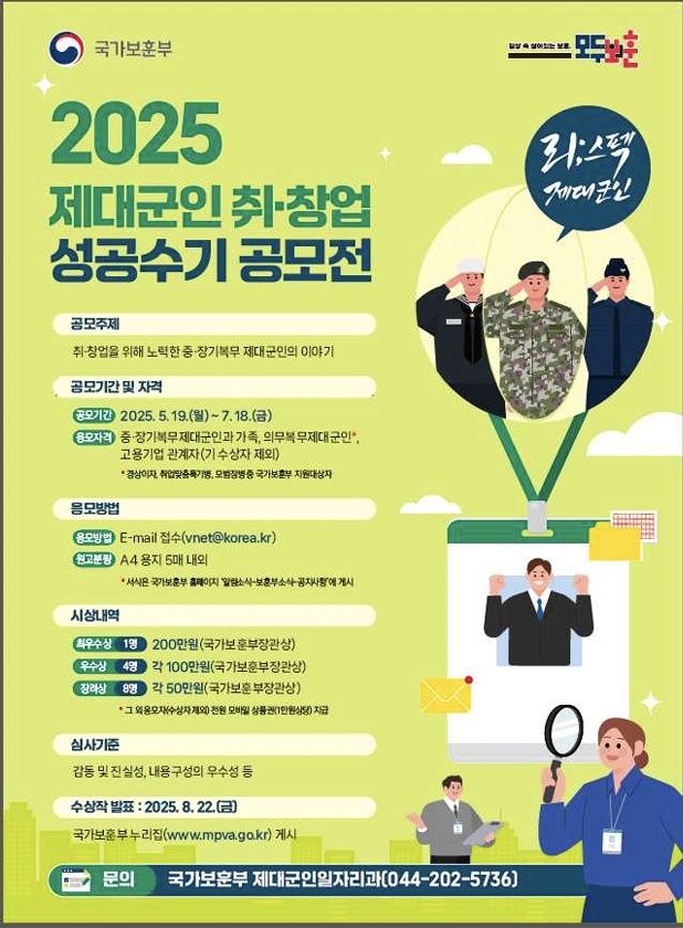 보훈부, 제대군인 취·창업 수기 공모…7월 18일까지 접수