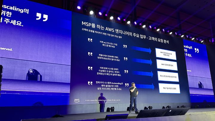 베스핀글로벌의 구상원 이사가 HelpNow AutoMSP를 AWS 서밋 서울 2025에서 발표하고 있다(사진=베스핀글로벌 제공) *재판매 및 DB 금지