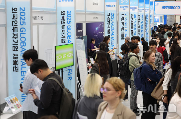 [서울=뉴시스] 황준선 기자 = 지난 5월 19일 오전 서울 강남구 코엑스에서 열린 2025 글로벌 탤런트 페어(GLOBAL TALENT FAIR) 채용박람회를 찾은 구직자들이 기업 부스를 둘러고 있다. 2025.05.19. hwang@newsis.com