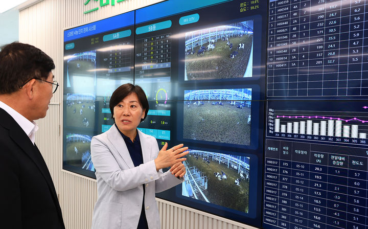 [세종=뉴시스] 강종민 기자 = 송미령 농림축산식품부 장관이 19일 충남 당진시 고대면 스마트축산단지를 찾아 운영 현황을 점검하고 있다. (사진=농식품부 제공) 2025.05.19. photo@newsis.com *재판매 및 DB 금지