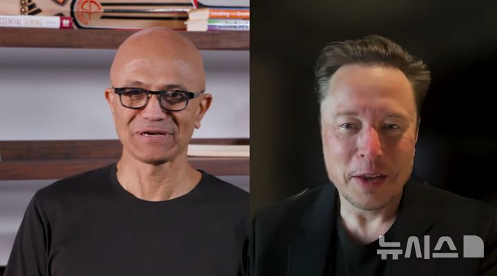 [서울=뉴시스] 마이크로소프트는 19일(현지 시간) 개발자 콘퍼런스 '빌드 2025'에서 xAI의 그록3과 그록3 미니 모델을 애저 AI 파운드리에 서비스하기로 결정했다고 밝혔다. 사티아 나델라 MS 최고경영자(CEO)와 일론 머스크 xAI 창업자가 이날 기조연설에서 화상 대화를 나누는 모습 (사진=마이크로소프트)