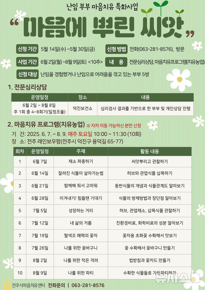 [전주=뉴시스] 전북 전주시 마음치유센터는 난임 부부를 위한 특별 치유 프로그램 '마음에 뿌린 씨앗'을 오는 6월부터 8월까지 10주간 운영한다고 20일 밝혔다. (사진=전주시 제공) 2025.05.20. photo@newsis.com