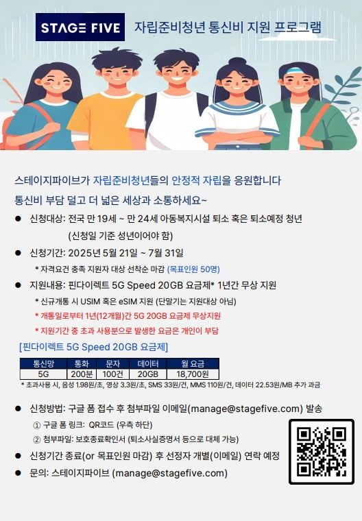 [서울=뉴시스] 알뜰폰 스테이지파이브가 자립준비청년 50명을 대상으로 1만원대 데이터 20GB를 지원하는 5G 요금제를 무상 제공한다. (사진=스테이지파이브 제공) *재판매 및 DB 금지
