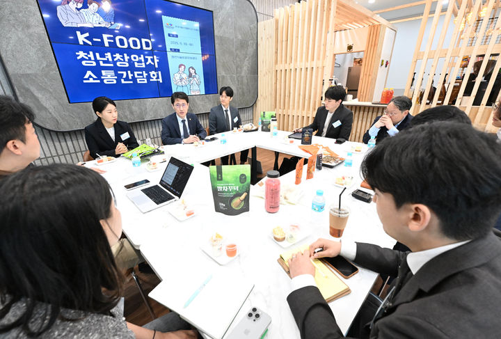 김윤상 기획재정부 2차관이 20일 전북 익산시 한국식품산업클러스터진흥원 청년식품지원센터를 방문해 청년 창업인들과 간담회를 하고있다.(사진 : 기재부 제공) 2025.5.20. *재판매 및 DB 금지