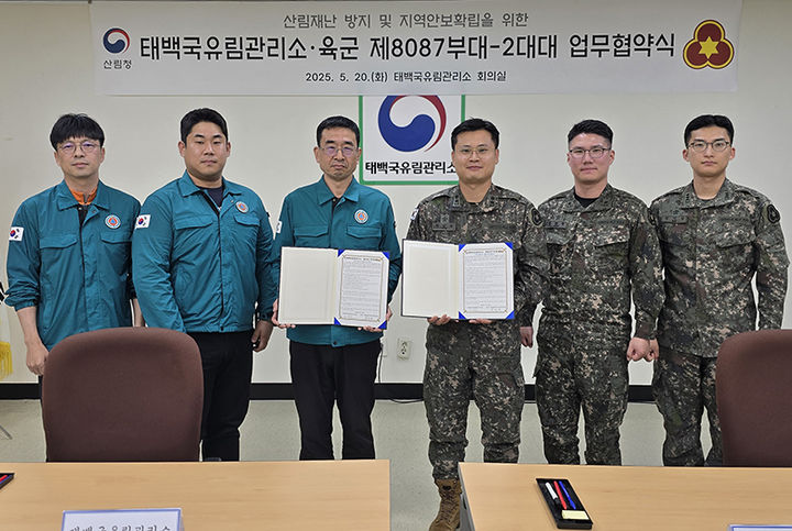 태백국유림관리소 이장춘 소장은 20일, 육군 제8087부대 2대대와 산림재난 방지 및 지역 안보 확립을 위한 상호협력 업무협약(MOU)을 체결하고 있다.(사진=태백국유림관리소 제공) *재판매 및 DB 금지
