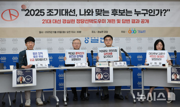 [서울=뉴시스] 황준선 기자 = 경실련 21대 대선 유권자운동본부가 20일 오전 서울 종로구 경제정의실천시민연합에서 경실련 정당선택도우미 전면 개편 및 21대 대선 각 정당 답변 공개 기자회견을 하고 있다. 2025.05.20. hwang@newsis.com
