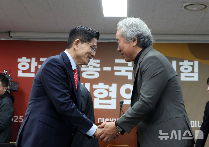 [서울=뉴시스] 고승민 기자 = 김문수 국민의힘 대선 후보가 20일 서울 양천구 한국예총회관에서 열린 한국예술문화단체총연합회·국민의힘 정책협약식에서 조강훈 한국예총회장과 악수를 하고 있다. 2025.05.20. kkssmm99@newsis.com
