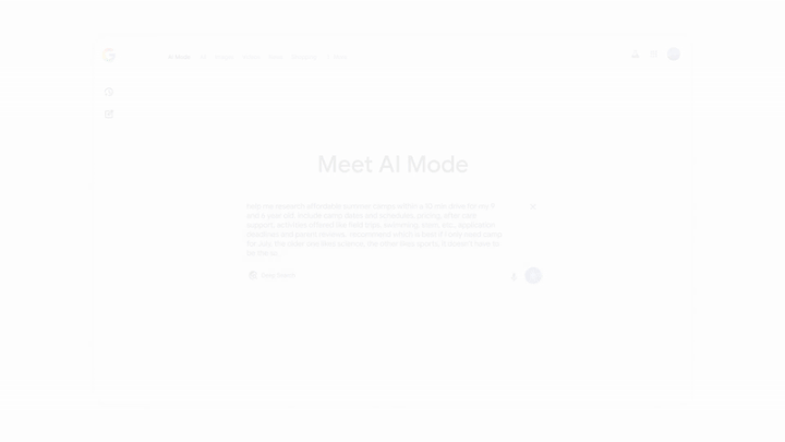 [서울=뉴시스] 구글은 20일(현지 시간) 미국 캘리포니아주 마운틴뷰에서 열린 연례 개발자 콘퍼런스 'I/O 2025'에서 검색 탭에 제미나이 2.5 기반 'AI 모드'를 출시했다고 밝혔다. 영상은 AI 모드 내 '딥 서치' 기능 (영상=구글 제공) *재판매 및 DB 금지