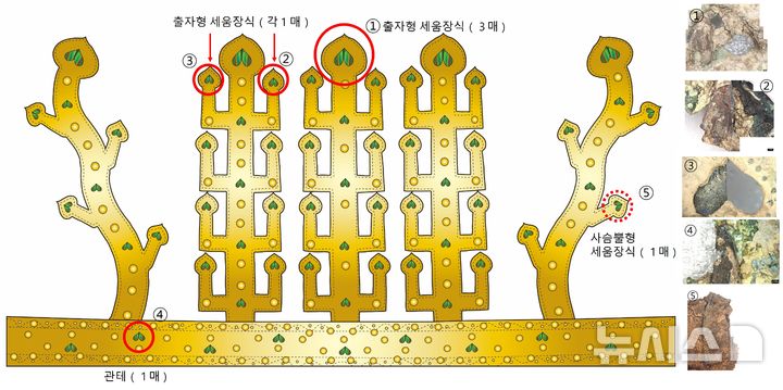 [서울=뉴시스] 금동관 모식도 및 비단벌레 날개 확인 위치 (① 출자형 세움장식 중앙 끝단 3매 / ②,③ 출자형 세움장식 좌우 끝단 각 1매 / ④ 관테 1매 / ⑤사슴뿔형 세움장식 1매) (사진=국가유산청 제공) 2025.05.21. photo@newsis.com