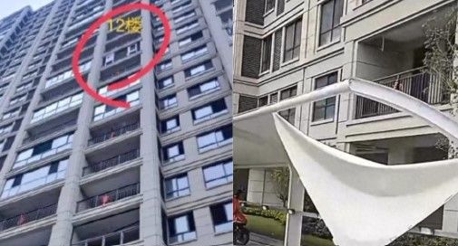 [서울=뉴시스] 40대 여성이 12층에서 추락하는 사고를 당했지만, 1층 차양 위로 먼저 떨어지면서 충격이 완화돼 목숨을 건졌다.(사진=광명왕) *재판매 및 DB 금지