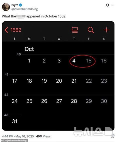 [뉴시스]한 소셜 미디어 이용자가 1582년 10월 4일부터 10월 15일 사이에 아이폰 캘린더가 10일 간 누락됐다는 사실을 업로드 해 화제다.(사진=데일리메일, X) 