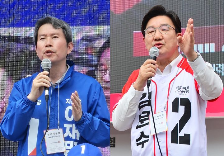 21일 충북 청주에서 지원 유세하는 이인영(왼쪽) 더불어민주당 골목골목 충청선대위원장과 권성동 국민의힘 중앙당 공동선대위원장. *재판매 및 DB 금지