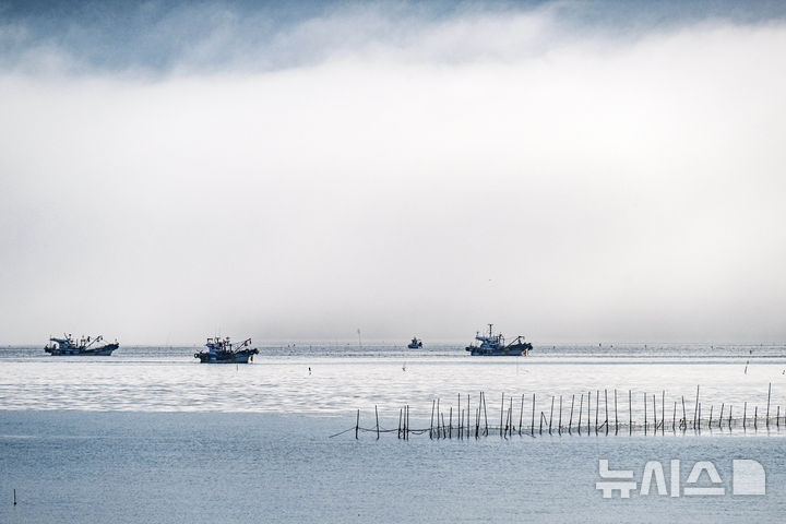[남해=뉴시스] 차용현 기자 = 21일 오전 경남 남해군 이동면 바닷가에 운해가 내려앉아 신비감을 더하고 있다. 2025.05.21.con@newsis.com