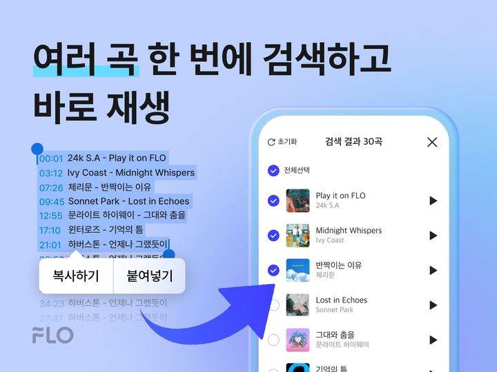 [서울=뉴시스] 드림어스컴퍼니 음악플랫폼 플로(FLO)가 한 번에 여러 곡을 검색해 자신의 플레이리스트에 넣을 수 있는 기능을 추가했다고 22일 밝혔다. (사진=드림어스컴퍼니 제공) *재판매 및 DB 금지