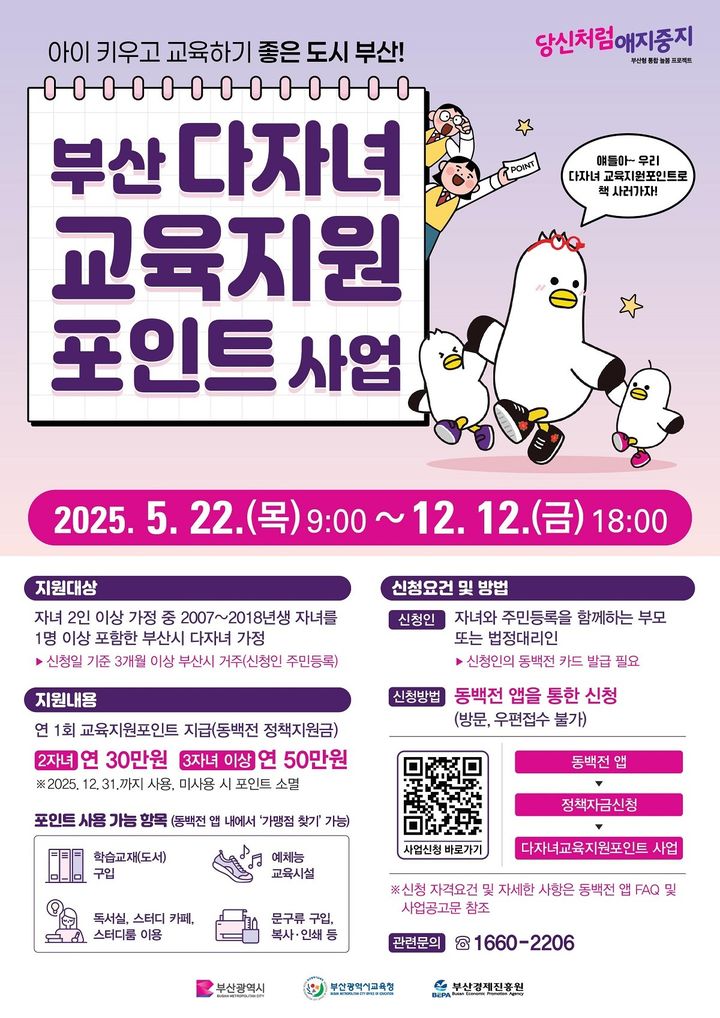 [부산=뉴시스] 부산시와 부산시교육청은 다자녀 가정의 교육비 부담 완화를 위해 '부산 다자녀 교육지원포인트' 사업을 추진한다. 다자녀 교육지원포인트는 소득·재산 기준에 상관없이 자녀 1명 이상이 2007∼2018년생(초·중·고 학령)에 해당하는 부산시 다자녀 가정이면 누구나 지원받을 수 있다. (사진=부산시 제공) 2025.05.22. photo@newsis.com *재판매 및 DB 금지