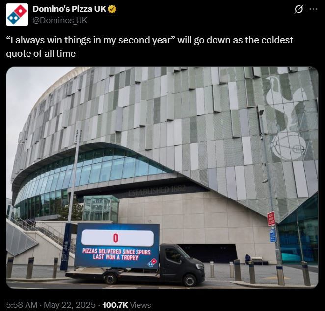 [서울=뉴시스] 토트넘이 유로파리그를 우승한 직후 영국 도미노피자 공식 엑스 계정은 '토트넘 우승한지 0일째'라는 문구가 담긴 사진을 올렸다.(사진=엑스 옛 트위터 갈무리) *재판매 및 DB 금지