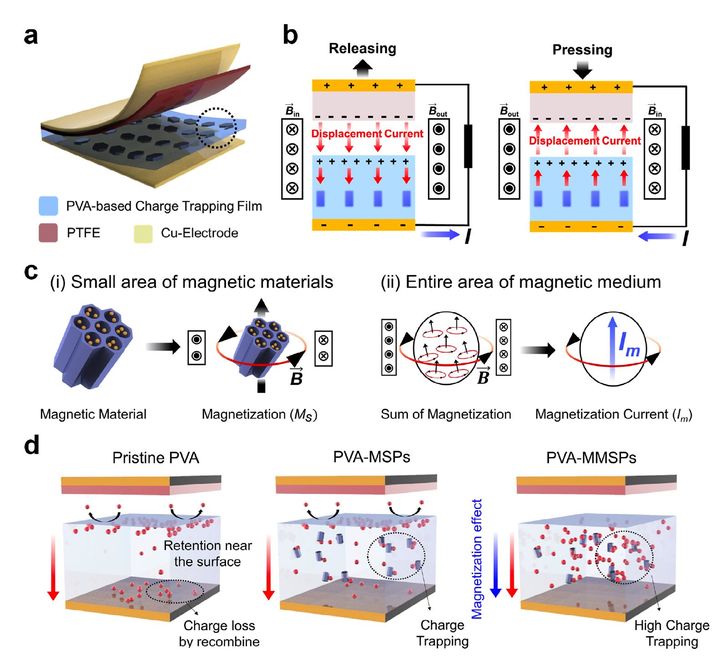 [진주=뉴시스]메조포러스 실리카 소재를 이용한 마찰전기 나노발전기의 구조와 회로도.(사진=한국세라믹기술원 제공).2025.05.22.photo@newsis.com *재판매 및 DB 금지